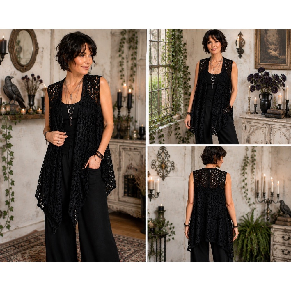 Alison Daley Black Lace Crochet Draped Vest Open Front Boho Whimsy Goth L